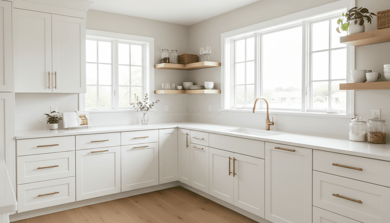 Kitchen with refinished white cabinets