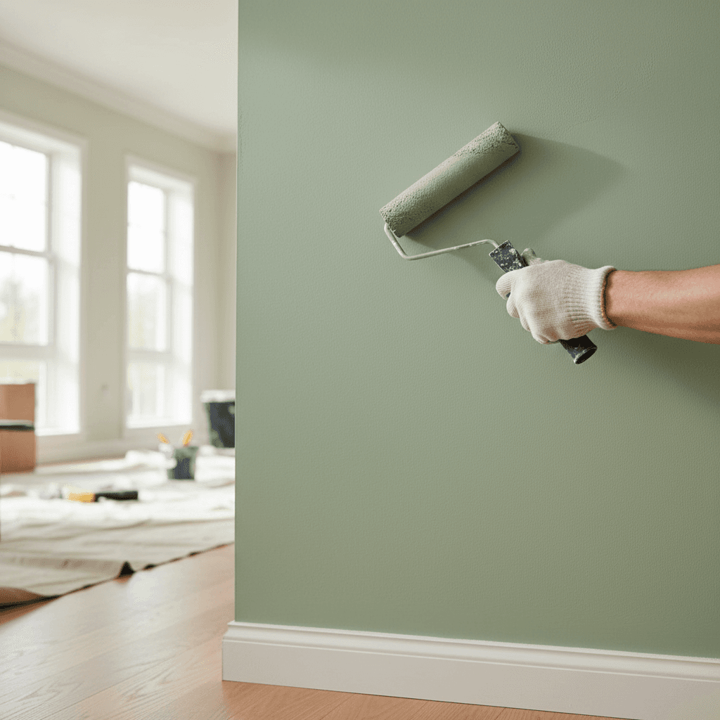 Professional painter applying fresh paint to an interior wall in a bright living room