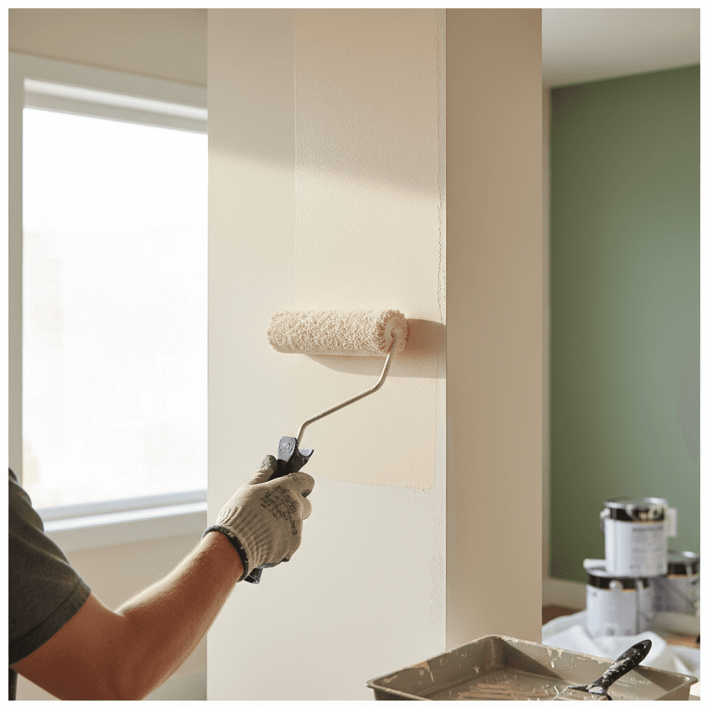 Property Painting painter applying paint to a living room wall with a roller