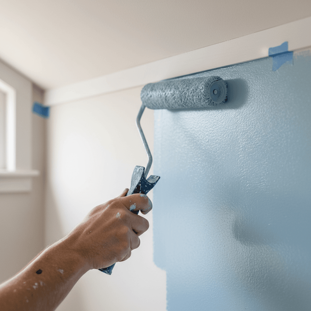 Painter applying paint with roller on interior wall