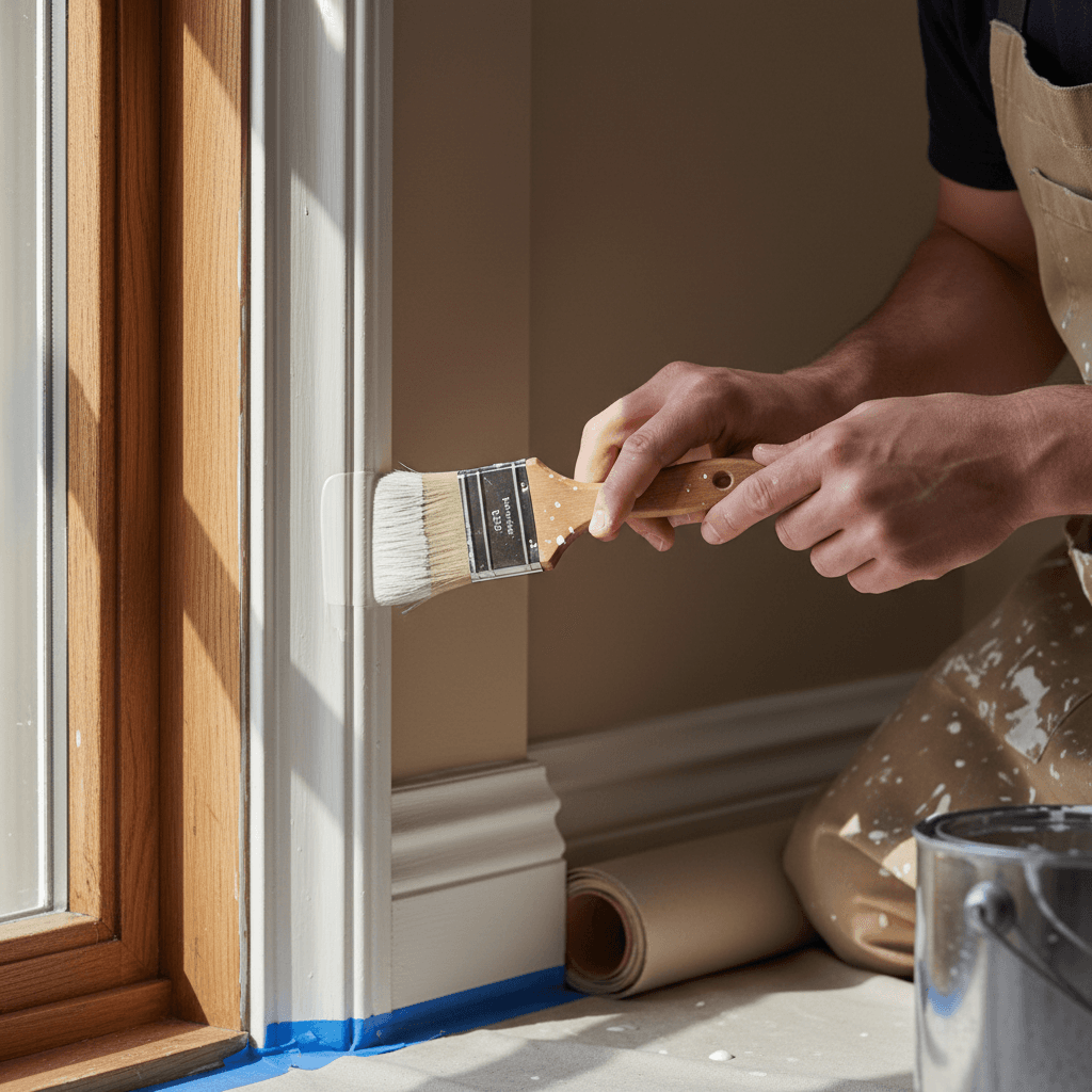 Painter cutting in trim with brush on window frame